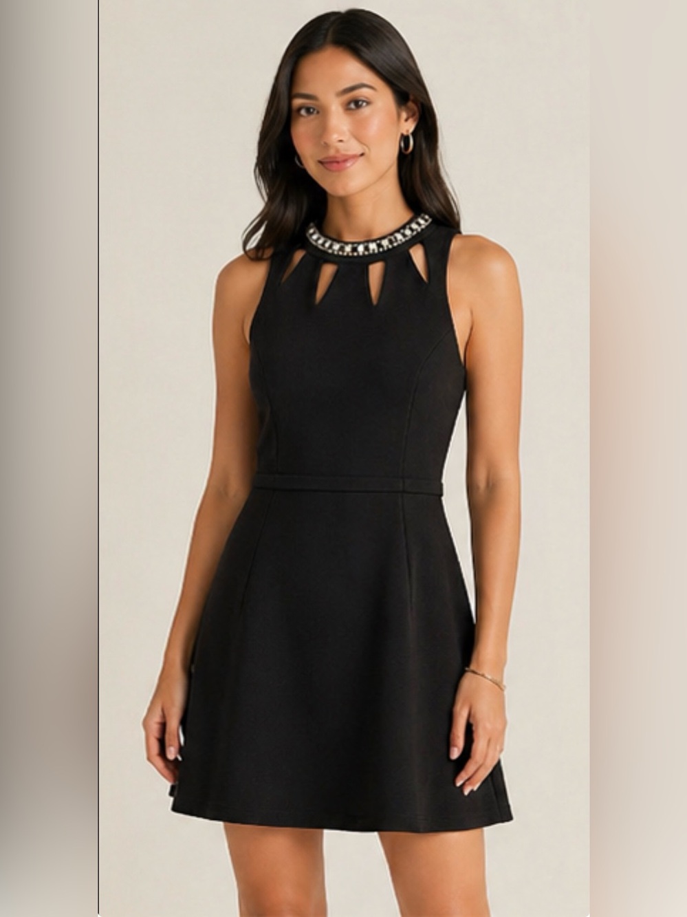 Elegant Black Fit & Flare Dress – Embellished Neckline, Sleeveless